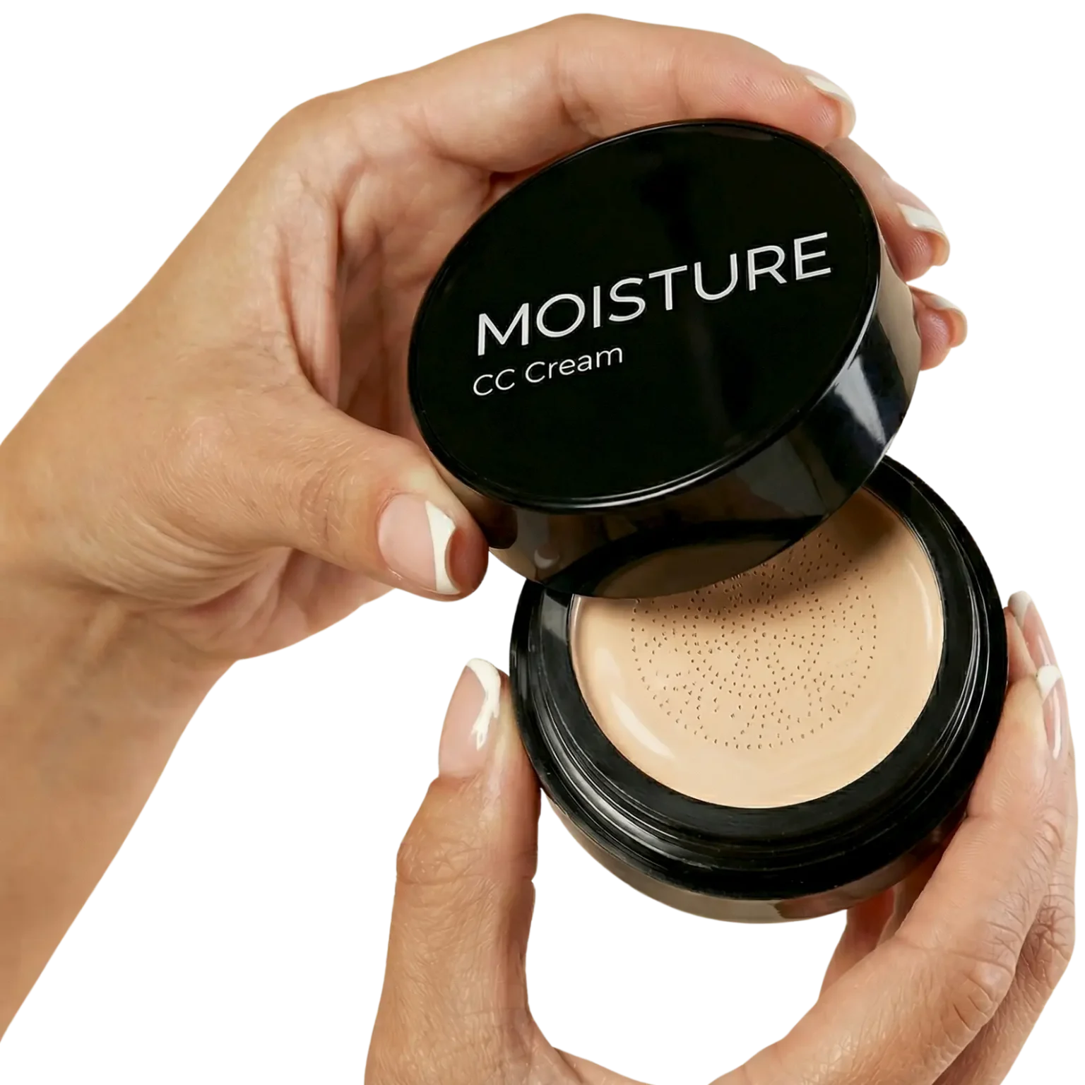 Moisture CC-kreem käsnaga käes